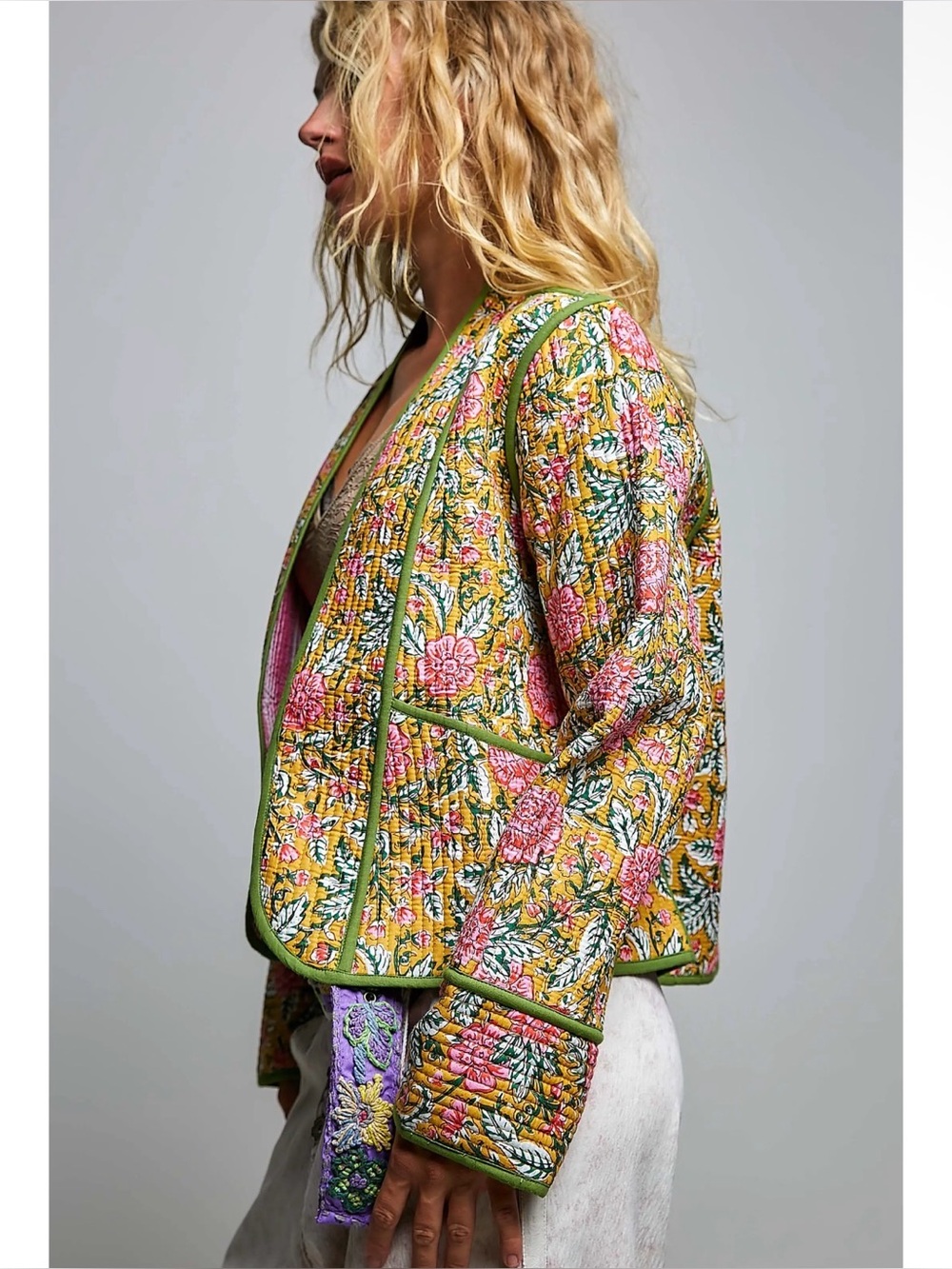 POL yellow floral cotton kantha quilted boho western embroidered jacket coat - Picture 3 of 4